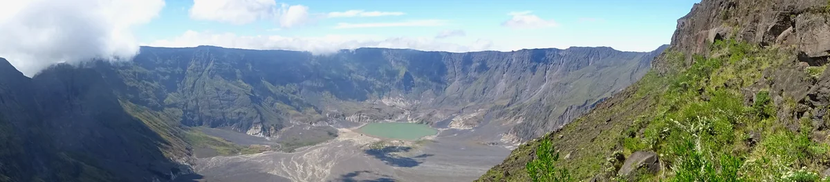 Wide panorama of Mount Tambora’s caldera and surrounding crater walls